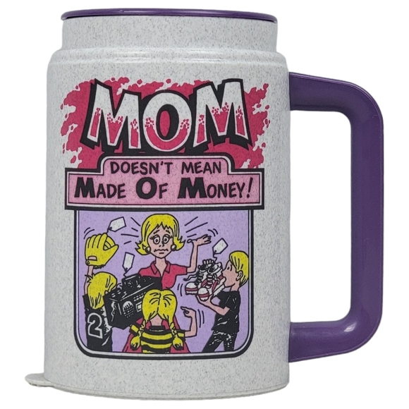 Vintage Whirley Travel Mug with Lid "MOM Doesn't Mean Made Of Money" - Picture 1 of 8